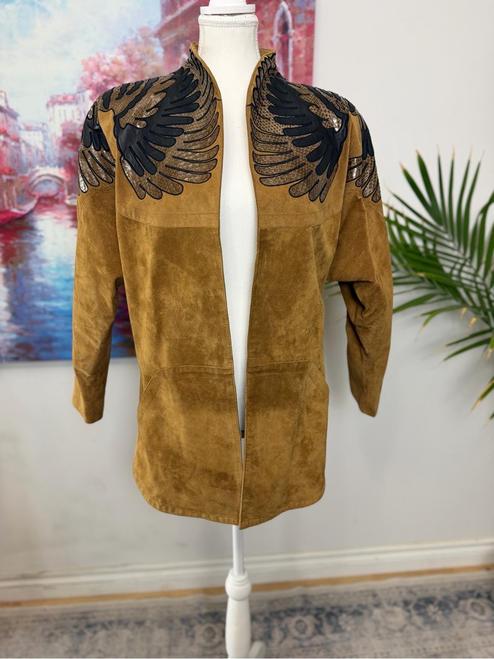 Madeline Brown Suede Open-Front Jacket with Black Wing Appliqué